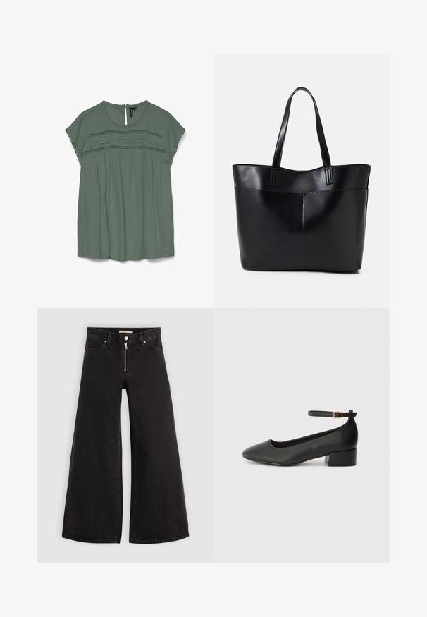 Light green blouse with short sleeves, lace detailing at the chest, and a keyhole back. Made from a flowy fabric with a relaxed fit.; Wide-leg jeans in black denim with a zippered front, five-pocket design, and subtle stitching details. Smooth texture and casual style.; Black leather pump with a pointed toe and a low block heel. Features an ankle strap with a gold-tone buckle. Smooth texture.; Black leather tote bag with two long handles, a smooth texture, and a structured shape. Features a front pocket for additional storage.