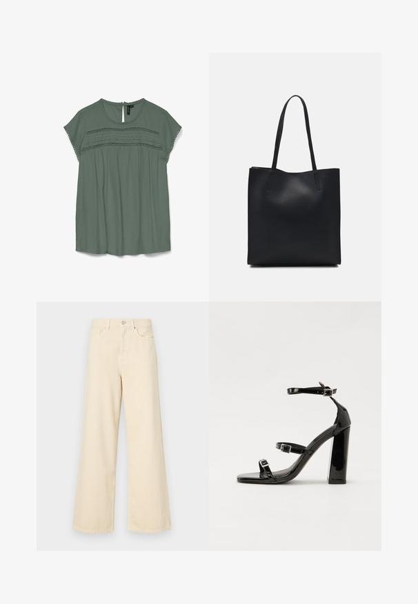 Gaiši zaļa blūze ar īsām piedurknēm, mežģīņu detaļām krūtīs un atslēgvietu aizmugurē. Izgatavota no plūstoša auduma ar brīvu piegriezumu.; Bežīgas platpēdas džinses, izgatavotas no kokvilnas. Iekļauj pogu aizdari, jostas cilpas un priekšējos kabatas ar gludu, mīkstu tekstūru.; Melnas lakotas augstpapēžu čības ar kvadrāta purngalu, potīšu siksniņām un sudraba sprādzēm. Aprīkotas ar masīvu bloku papēdi stabilitātei.; Melnas ādas somiņa ar gludu tekstūru, taisnstūra formu un divām garām rokturiem. Nav redzamu aparatūras vai rotājumu.