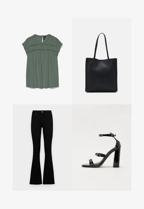 Helle grüne Bluse mit kurzen Ärmeln, Spitzenverzierungen an der Brust und einer Schlüsselloch-Rückseite. Hergestellt aus einem fließenden Stoff mit lockerer Passform.; Schwarze hochtaillierte Jeans mit einem Knopf- und Reißverschluss, Fronttaschen und ausgestellten Beinen, flach auf einem weißen Hintergrund ausgelegt.; Schwarze patentierte Sandalen mit Absatz, quadratischer Spitze, Knöchelriemen und silbernen Schnallen. Mit einem stabilen Blockabsatz für mehr Stabilität.; Schwarze Laptoptasche aus Leder mit glatter Textur, rechteckiger Form und zwei langen Griffen. Keine sichtbaren Beschläge oder Verzierungen.
