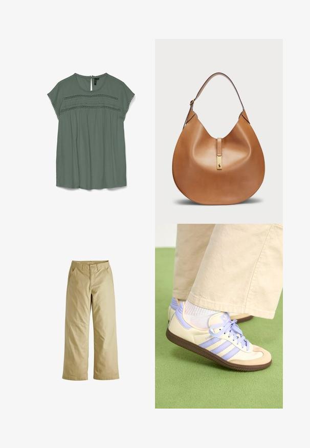 Helle grüne Bluse mit kurzen Ärmeln, Spitzenverzierungen an der Brust und einer Schlüsselloch-Rückseite. Hergestellt aus einem fließenden Stoff mit lockerer Passform.; Beige weit geschnittene Baumwollhosen mit zwei Vordertaschen, einem Reißverschluss und einer entspannten Passform mit glatter Textur.; Cremefarbene und lavendelfarbene Sneakers mit drei Streifen und einer strukturierten braunen Sohle, ausgestattet mit Schnürsenkeln und einer gepolsterten Ferse. Obermaterial aus weichem Stoff.; Taschenhandtasche aus braunem Leder mit geschwungener Form und breitem Schultergurt. Sie verfügt über einen goldenen Metallakzent in der Mitte und eine glatte Textur.