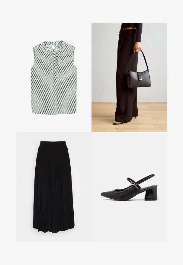Bez rękawów bluzka w jasnym zielonym i czarnym kolorze, z wzorem w kratkę, okrągłym dekoltem oraz otwarciem w kształcie klucza z tyłu. Teksturowana tkanina.; Czarna plisowana spódnica z wysokim, elastycznym pasem. Wykonana z miękkiego materiału, z pionowymi plisami, które tworzą zwiewny kształt.; Czarne lakierowane czółenka na słupku ze spiczastym noskiem, lekko zaokrąglonym wycięciem i obcasem w kształcie bloku. Posiadają złotą klamrę jako akcent dekoracyjny.; Czarna torebka o usztywnionym kształcie, gładkiej fakturze i metalowym zapięciem. Połączona z szerokimi czarnymi spodniami i sandałami na otwartym palcu na drewnianej podłodze.