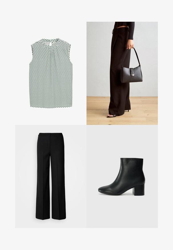 Mouwloze blouse in lichtgroen en zwart, met een ruitpatroon, ronde halslijn en een open rug met sleutelgat. Textuurstof.; Zwarte wijde broek van een gladde stof, met een hoge taille, nauwkeurig gestikte naden en een minimalistisch ontwerp. Geen zichtbare hardware of zakken.; Zwarte leren enkellaarzen met een spitse neus en een chunky hak. Gladde textuur met minimale accenten en een slank, strakk ontwerp.; Zwarte handtas met gestructureerde vorm, gladde textuur en een metalen sluiting. Gecombineerd met brede zwarte broeken en sandalen met open teen op een houten vloer.