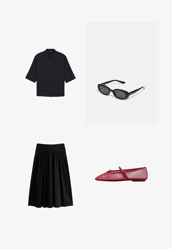 Maglietta nera a maniche corte con colletto a punta, dotata di chiusura a bottoni e un motivo testurizzato su tutta la stoffa.; Gonna nera lunga fino al ginocchio con vita arricciata. Realizzata in tessuto morbido, ha una vestibilità comoda e una texture liscia senza modelli visibili.; Ballerine in rete rossa con punta affusolata, dotate di una sottile cinghia e dettaglio a fibbia. La parte superiore presenta un motivo aperto a nido d'ape.; Occhiali da sole neri con lenti ovali, montatura in plastica lucida e stecche sottili. Presentano il logo Ray-Ban in bianco sul lato.