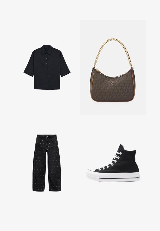 Black short-sleeve shirt with a pointed collar, featuring button closure and a textured pattern throughout the fabric.; Black denim wide-leg jeans featuring a pattern of small silver grommets, with a classic five-pocket design and button front closure.; High-top black canvas sneaker with white eyelets, laces, and rubber sole. Features a textured toe cap and black and white stripe accents.; Brown fabric handbag with a gold chain strap, featuring a logo print, zip closure, and contrast brown trim around the edges.