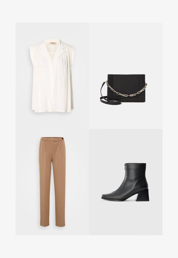 Balta bezpiedurkņu blūze ar apkakli, priekšā ar pogu aizdari un plecu detalizāciju ar krokām. Mīksta tekstūra un plūstoša dizaina.; Brūni pielāgoti bikses ar taisnu kāju, ar vienu pogas aizdari un krokotā priekšpuses dizainu. Gluda tekstūra, minimālisma stils.; Melna ādas potītes zābaku ar kvadrātveida purngalu, sānu rāvējslēdzēju un bloku papēdi uz vienkārša gaismas fona.; Melna ādas crossbody soma ar gludu faktūru, taisnstūrveida formu un metalizētu ķēdes detaļu priekšā. Iekļauta regulējama siksna.