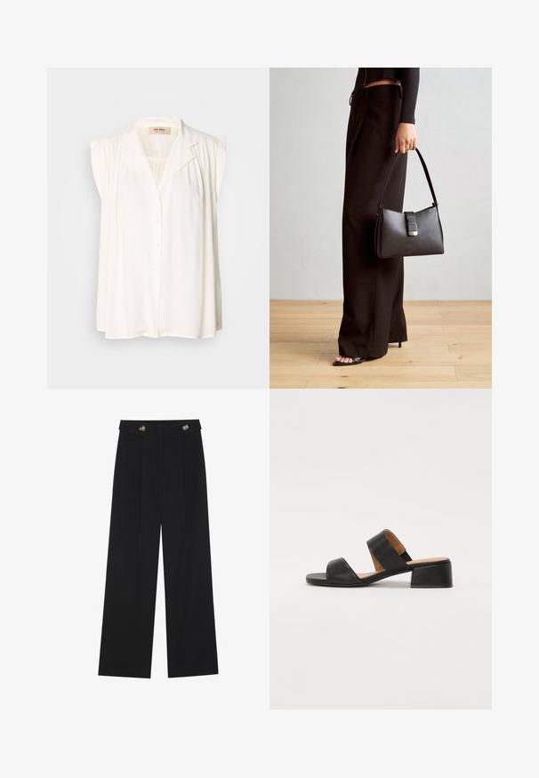 Hvit ermeløs bluse med krage, frontknapplukking og plisserte skulderdetaljer. Myk tekstur og flytende design.; Svart vide bukser med høy midje, knappdetaljer på midjebåndet og frontplisser.; Sorte lær sandaler med to brede stropper over foten, firkantet tå og lav blokkhæl. Glatt tekstur og minimalistisk design.; Svart håndveske med strukturert form, jevn tekstur og metallisk lås. Kombinert med brede svarte bukser og sandaler med åpen tå på tregulv.