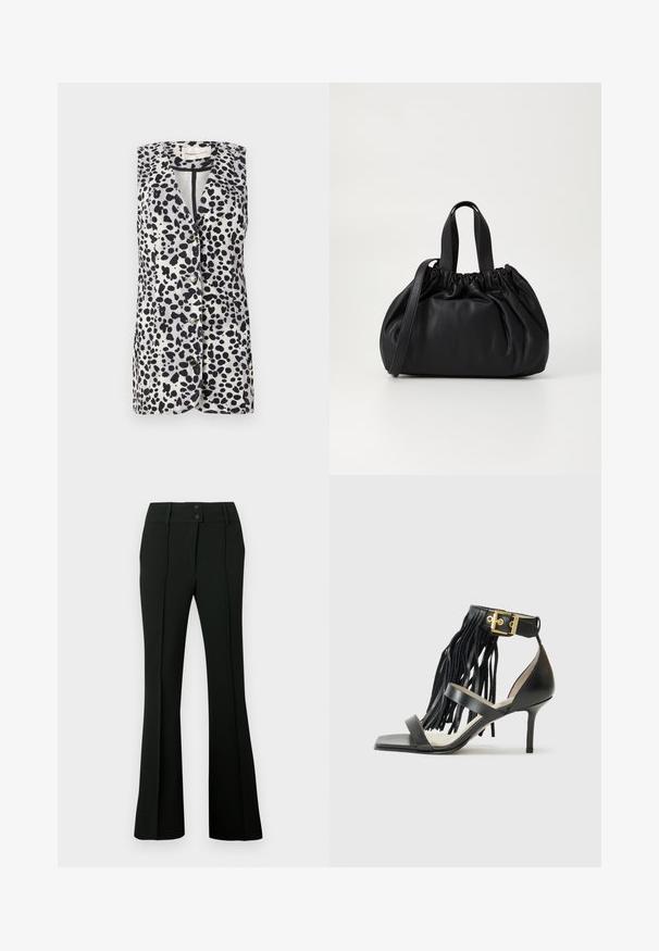 Colete sem mangas com padrão de manchas em preto e branco, com colarinho em bico e cinco fechos de botão. Feito de tecido leve.; Calças pretas com corte evasê, confeccionadas em tecido liso, cós alto com dois botões e pregas frontais, conferindo um aspeto ajustado.; Sandal de salto alto preto com detalhe em franjas, tira no tornozelo com acabamento em dourado, ponta quadrada plana e duas tiras cruzadas na parte frontal.; Bolsa de couro preta com um design de topo franzido, apresentando duas alças curtas e uma alça longa ajustável. Textura suave, formato arredondado.
