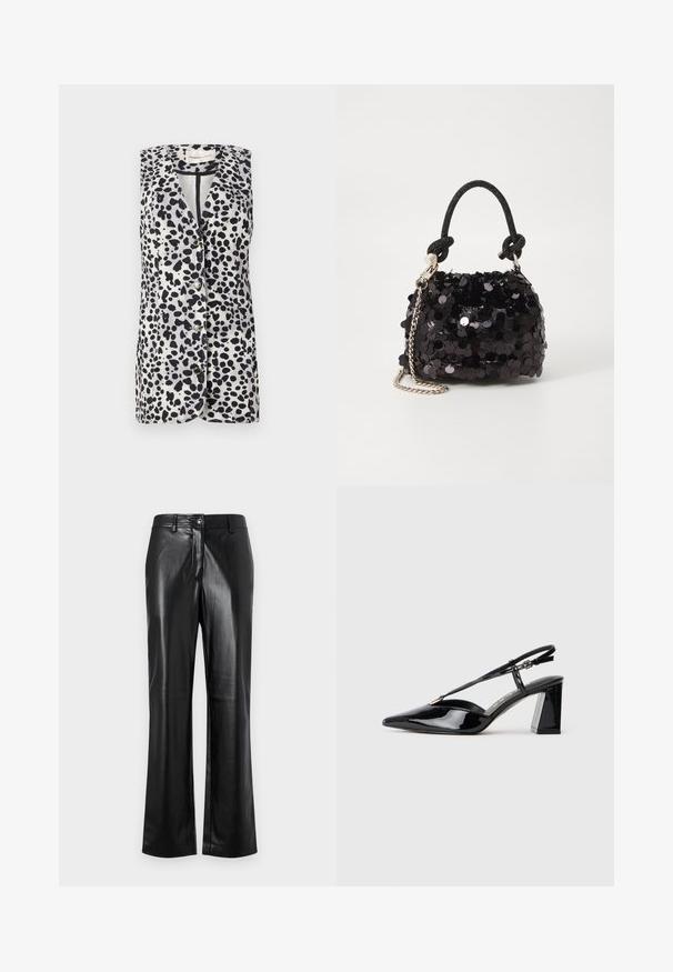 Bejėgis liemenė su juodai baltu taškuotu raštu, su išpjauta apykakle ir penkiais sagčių užsegimais. Pagaminta iš lengvos medžiagos.; Juodos odinės kelnės su tiesiu kirpimu, turinčios priekinį sagos uždarymą, diržo kilpas ir glotnų, poliruotą paviršių.; Juodos lakinės odos aukštakulnės basutės su smailiu pirštu, reguliuojama juosta ir storu stačiakampiu kulnu.; Juodas blizgučių mini rankinukas su mazguotu tekstūruotu dirželiu ir sidabro grandine. Suapvalinta forma su susiraukšlėtopu ir atspindinčiomis detalėmis.