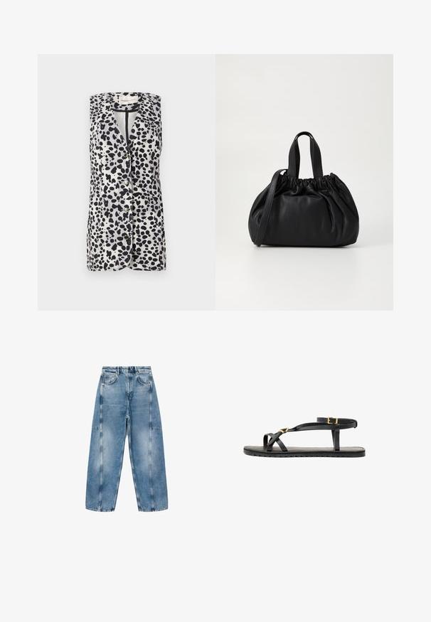 Colete sem mangas com padrão de manchas em preto e branco, com colarinho em bico e cinco fechos de botão. Feito de tecido leve.; As calças de ganga de um azul claro apresentam um corte descontraído, grandes bolsos e costura contrastante. O tecido tem um acabamento desgastado com uma textura suave.; Sandálias de couro pretas com tiras finas e uma faixa no tornozelo com fivela. Sola plana com um acabamento texturizado e borda em zigzag. Design minimalista.; Bolsa de couro preta com um design de topo franzido, apresentando duas alças curtas e uma alça longa ajustável. Textura suave, formato arredondado.