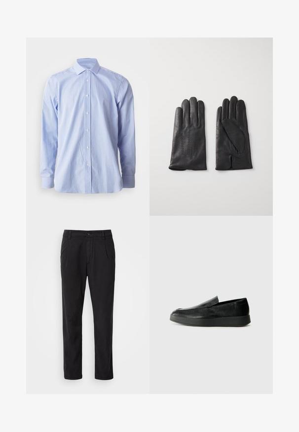 Camicia a righe blu e bianche, maniche lunghe, con bottoni sul davanti, colletto a punta, tessuto di cotone, texture liscia, design classico.; Pantaloni neri realizzati in tessuto liscio con un design a gamba dritta, pieghe frontali e chiusura con bottone in vita.; Calvin Klein HYBRID CUP - Scarpe senza lacci - triple black; Guanti in pelle nera con cinque dita, caratterizzati da cuciture decorative. L'interno ha un rivestimento morbido e un design con l'indice aperto.