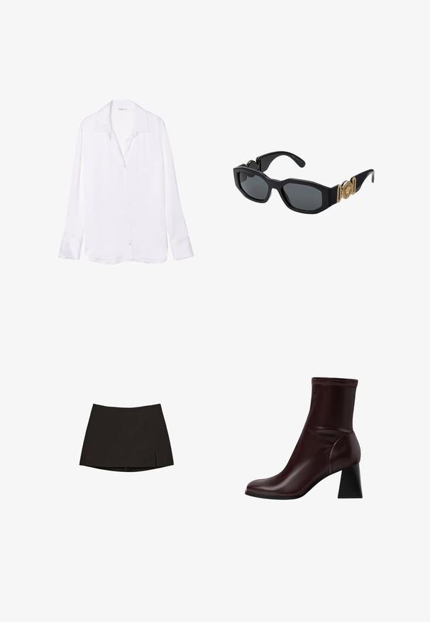 Witte langwerpige blouse met lange mouwen en een gesneden kraag, gladde textuur en zichtbare knopenrij aan de voorkant. Licht stof valt soepel.; Zwarte mini-jurk met een rechte snit en een lichte zijsplit. Gemaakt van een gladde stof, met een schone zoom en een minimalistisch ontwerp.; Stradivarius BLOCK - Korte laarzen - dark red; Zwarte zonnebril met een stevige geometrische rand, donkere lenzen en gouden metalen accenten op de pootjes, voorzien van een rond embleemdetail.; Witte leren Handtas met gouden hardware, een voorflap en zwarte rand, voorzien van een schouderband die crossbody wordt gedragen tegen een lichtblauw shirt.