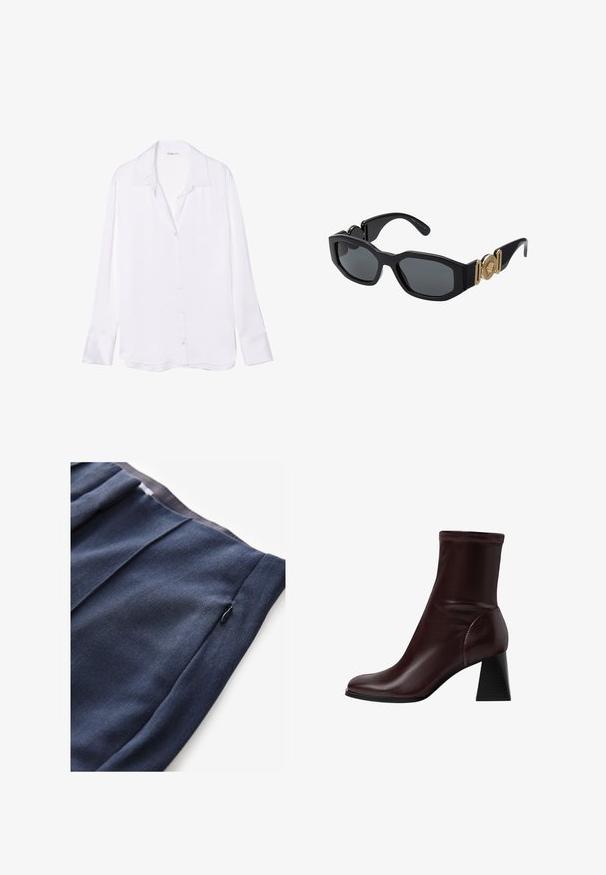 Chemise blanche à manches longues avec un col à rabat, texture lisse et patte de boutonnage visible sur le devant. Le tissu léger tombe doucement.; Pantalon bleu marine en tissu texturé, avec une poche latérale zippée et des détails plissés à la taille.; Stradivarius BLOCK - Bottines - dark red; Lunettes de soleil noires avec une monture géométrique épaisse, des verres sombres et des accents métalliques dorés sur les branches, comportant un détail d'emblème rond.; Sac en cuir blanc avec quincaillerie dorée, un rabat à l'avant et des bords noirs, doté d'une chaîne portée en bandoulière contre une chemise bleu clair.