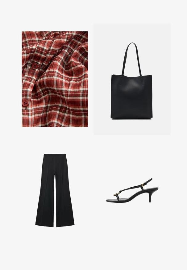 Tessuto a quadri rosso e bianco con una texture leggera, dotato di quattro bottoni. Il motivo include sottili linee nere per dettagli.; Pantaloni neri a gamba larga con una texture liscia, caratterizzati da pieghe frontali e un design sartoriale. Il tessuto è leggero e fluido.; Sandal con zeppa kitten nera in pelle, con sottili cinturini, fibbia dorata e una minimalista fascetta per le dita su sfondo bianco.; Borsa tote in pelle nera con texture liscia, forma rettangolare e due manici lunghi. Nessun hardware o decorazione visibile.