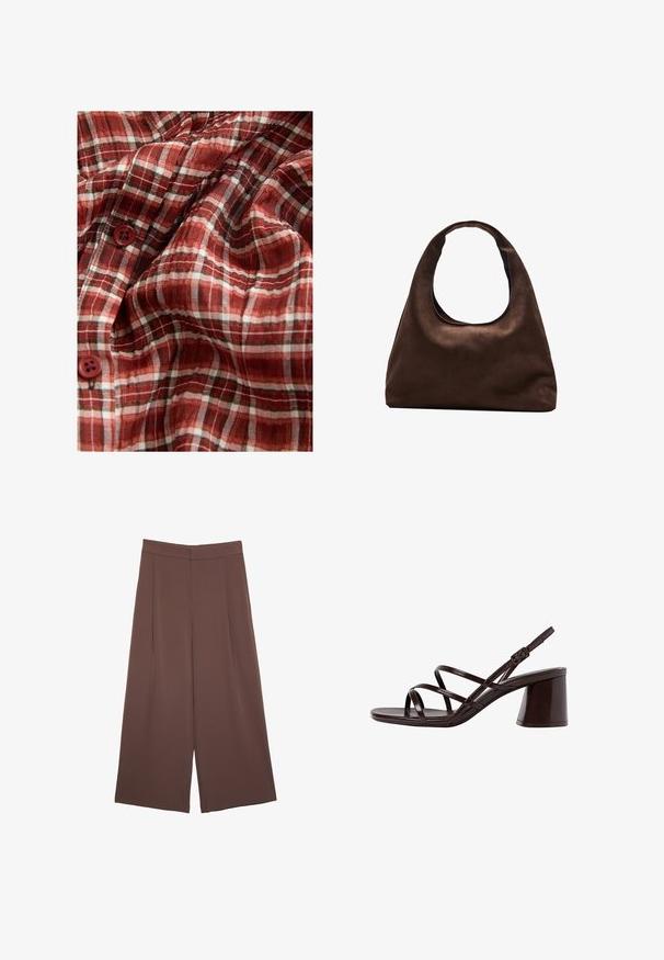 Punainen ja valkoinen ruudullinen kangas, jossa on kevyt rakenne ja neljä nappia. Kuvio sisältää ohuita mustia viivoja yksityiskohtana.; Ruskeat leveälahkeiset housut, joissa on sileä pinta, korkea vyötärö ja etupleat. Kangas on kevyttä ja laskeutuu väljänä.; Ruske sandaale sa visokom potpeticom s debljim petama, s glatkom, sjajnom površinom i višestrukim križnim trakama na gornjem dijelu.; Pehmeä ruskea hobo-tyylinen käsilaukku, jossa on yksi leveä olkahihna ja kaareva yläosan aukko, esitelty valkoista taustaa vasten.