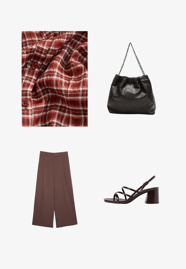 Červená a biela kockovaná tkanina s ľahkou textúrou, obsahujúca štyri gombíky. Vzor zahŕňa tenké čierne línie pre detaily.; Hnedé nohavice so širokými nohavicami a hladkou textúrou, s vysokým pásom a prednými skladmi. Tkanina je ľahká a voľne sa pohybuje.; Hnedé sandále na vysokom opätku s hrubým opätkom, s hladkým a lesklým povrchom a viacerými krížovými pásikmi na hornej časti.; Hnedá kožená taška so zberaným vrchom a reťazovým popruhom. Hladký povrch s lesklým finišom a jemným švom po stranách.