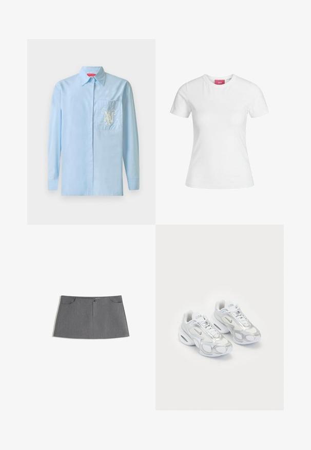 Jasnoniebieska koszula z długim rękawem, zapinana na guziki, z klasycznym kołnierzykiem i kieszonką na lewym piersi, zdobiona misternym białym logo.; Biała bawełniana koszulka z krótkimi rękawami i okrągłym dekoltem. Posiada różową metkę na wewnętrznej stronie dekoltu. Gładka tekstura.; Szara spódnica o prostym kroju, z dwiema przednimi kieszeniami, z zapinaniem na guziki z przodu oraz delikatnym wzorem tekstury.; Białe buty sportowe z siateczkową górą i srebrnymi akcentami, o unikalnym kształcie i poduszce powietrznej w pięcie. Wiązany design z logo.