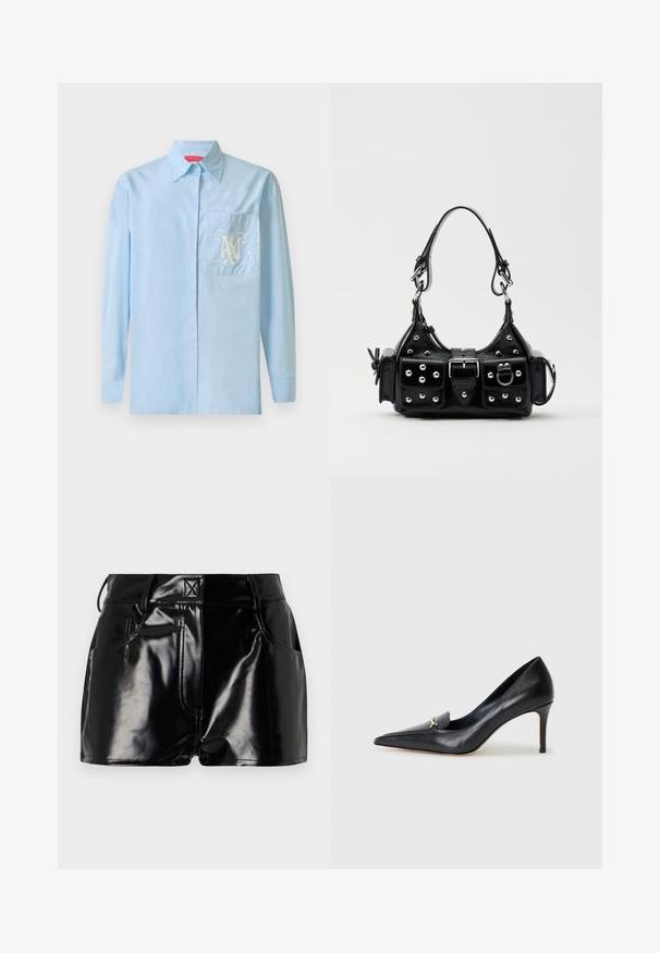 Light blue long-sleeve shirt with a button-up front, classic collar, and left chest pocket featuring an ornate white logo design.; Black, glossy shorts made of synthetic material. Features a fitted waist, belt loops, and front pockets with prominent stitching details.; Black leather pump with a pointed toe, low-cut vamp, and a decorative gold accent. Features a stiletto heel and smooth texture.; Black leather handbag with a curved design, featuring silver studs, a buckle, and two side pockets. Adjustable strap for carrying options.