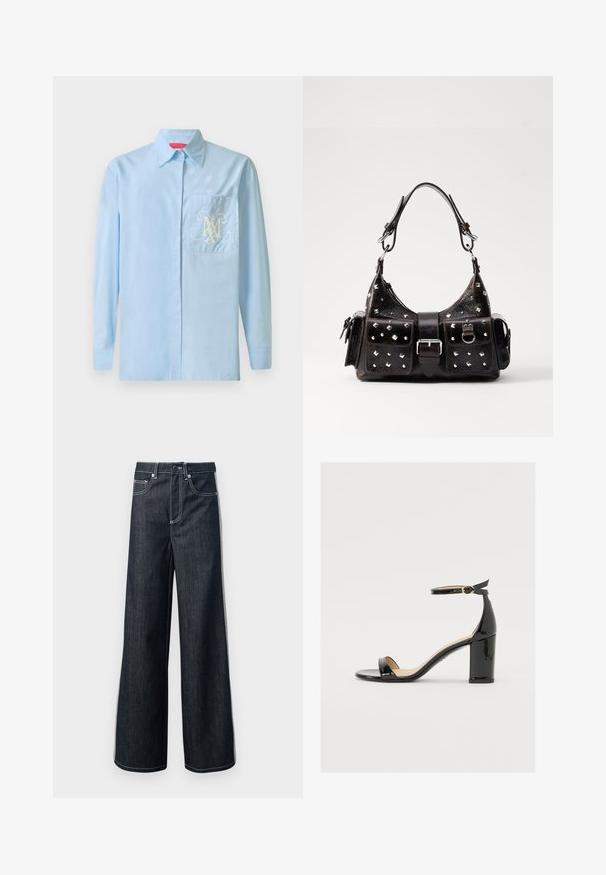 Light blue long-sleeve shirt with a button-up front, classic collar, and left chest pocket featuring an ornate white logo design.; Dark blue wide-leg jeans made of denim. Features include a button closure, five pockets, and contrasting white stitching. Smooth texture.; Black patent leather sandal with a wide heel, open toe, and ankle strap featuring a gold buckle. Smooth texture and sleek design.; Black leather handbag with studded accents, rectangular shape, two front pockets, and a curved top handle. Buckle and snap closure details.