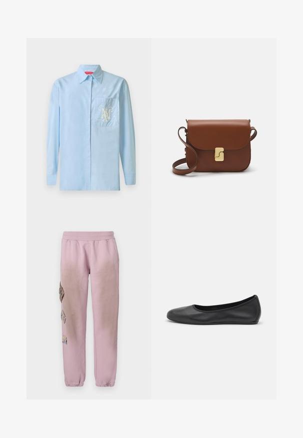 Gaiši zils garām piedurknēm krekls ar pogu aizdari, klasisku apkakli un kreisajā krūtī esošu kabatu, kas rotāta ar greznu baltu logotipa dizainu.; Rozā sporta bikses ar elastīgu jostu, kurām labajā pusē ir dekoratīvi uzliktni dimanta formā un elastīgas apkakles pie potītēm.; Melna ādas baleta kurpe ar noapaļotu purngalu, gludu tekstūru, minimālu šuvju detalizāciju un elastīgu zoles dizainu.; Bordo ādas rokas soma ar atloku, zeltītām detaļām, plecu siksnu un gludu virsmu. Kompakta, taisnstūrveida forma.