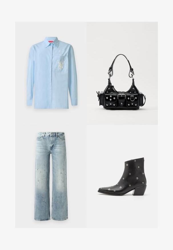 Lichtblauwe lange mouw shirt met knoopsluiting aan de voorkant, klassieke kraag en een linkse borstzak met een opvallend wit logo ontwerp.; Lichtblauwe wijde spijkerbroek van denim, met een kleurverloop en versieringen van zilverkleurige strassstenen in een verticaal patroon.; Zwarte leren enkellaars met zilveren oogjes, spitse neus en een blokhak. Slank ontwerp met een gladde textuur.; Zwarte lederen handtas met een gebogen ontwerp, voorzien van zilveren studs, een gesp en twee zijvakken. Verstelbare schouderband voor verschillende draagmogelijkheden.