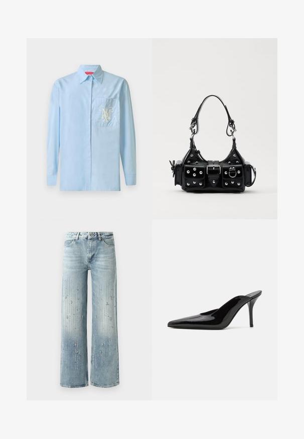 Lyseblå langærmet skjorte med knaplukning foran, klassisk krave og lomme på venstre bryst med et kunstnerisk hvidt logo design.; Lyseblå wide-leg jeans lavet af denim, med en gradient farveeffekt og pyntegenstande af sølv rhinsten i et vertikalt mønster.; Sorte lakerede højhælede mulesko med spids tå og en slank silhuet, der har åben hæl og en slank stilettohæl.; Sort læderhåndtaske med et buet design, prydet med sølvfarvede nitter, en spænde og to sidelommer. Justerbar rem til forskellige bære muligheder.