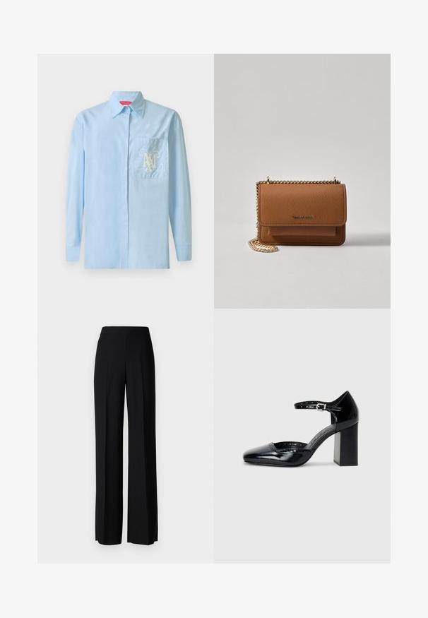 Világoskék, hosszú ujjú ing gombos elejével, klasszikus gallérral és egy bal oldali zsebével, amely egy díszes fehér logóval rendelkezik.; Fekete, széles szárú nadrág sima tapintással, magas derékkal és középen pliszével. Nincsenek látható minták vagy fém részletek.; Fekete patent bőr, magas sarkú cipők négyzetes orral, bokapánttal és vastag sarkal. A szélén lyukacsos díszítéssel.; Barna textúrájú bőr keresztbody táska arany lánc pánttal és fedélzárral. Az elején logó részlet és egy zseb található a fedél alatt.