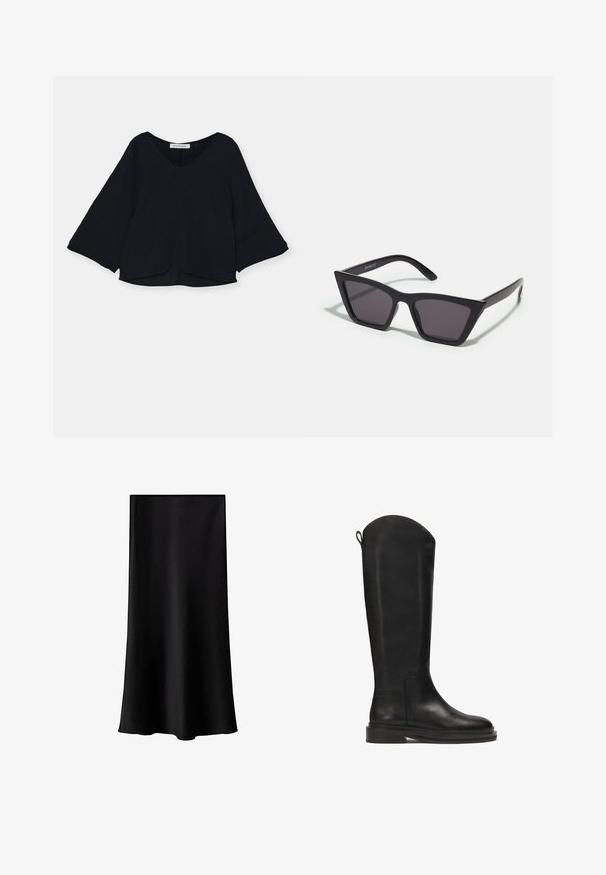 Czarna bluzka z dekoltem w serek, długimi, dzwonowymi rękawami i teksturowanym materiałem. Doł bluzki jest lekko zaokrąglony, co tworzy luźną sylwetkę.; Czarna spódnica midi z gładkiego, lekkiego materiału. Charakteryzuje się prostym krojem, brakiem widocznych elementów metalowych oraz minimalistycznym wzornictwem bez nadruków.; Czarne skórzane kozaki do kolan o gładkim wykończeniu, zaokrąglonej górze, solidnej podeszwie i minimalistycznym designie. Posiadają pętelkę z tyłu ułatwiającą zakładanie.; Czarne, kanciaste okulary przeciwsłoneczne z szarymi soczewkami; wykonane z plastiku, z grubymi zausznikami o gładkiej powierzchni i bez widocznych elementów metalowych.