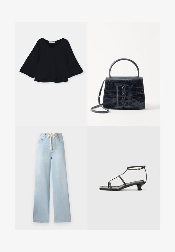 Maglietta nera con scollo a V, maniche lunghe a campana e tessuto strutturato. L'orlo è leggermente curvato, creando una silhouette morbida.; Jeans azzurri a gamba larga realizzati in denim, con cintura regolabile e design classico a cinque tasche, con una leggera scoloritura.; Sandalo in pelle nera con punta quadrata, cinturini sottili, cinturino alla caviglia regolabile e tacco basso. Presenta un piccolo accento dorato sul cinturino.; Borsa in pelle nera con incisione a forma di coccodrillo, dal design strutturato, dotata di manico superiore, tracolla regolabile e un evidente dettaglio logo frontale.