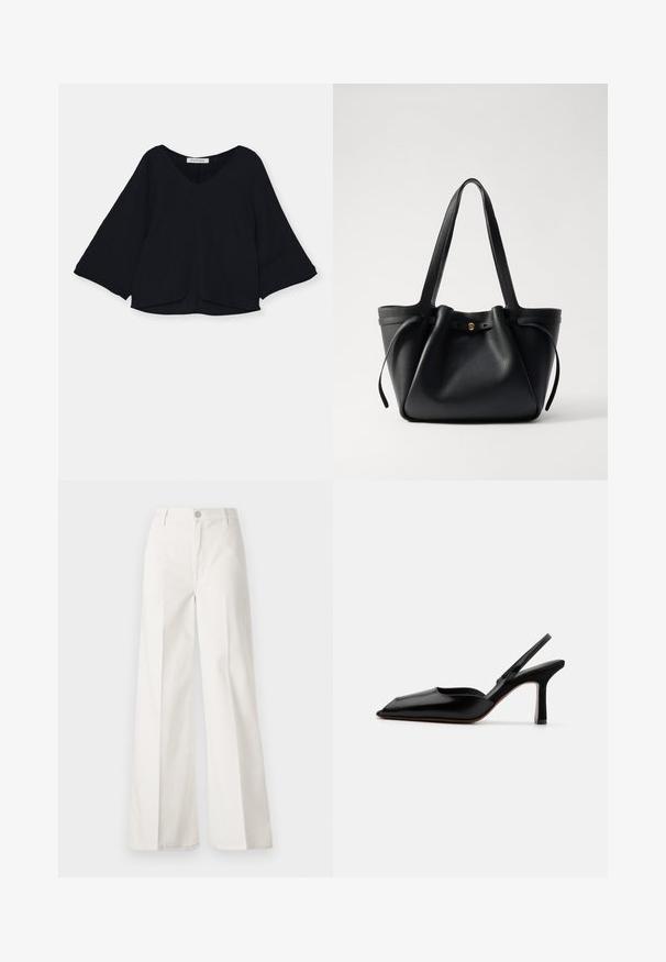 Mustaga mustri ja V-kaelusega must tipp, millel on pikad kellukesed. Hem on veidi kõver, luues lõdva silueti.; Valged laiade jalgadega püksid, mis on valmistatud siledast puuvillast. Omab esitallist ning lukuga sulgemist ja nelja tasku disaini.; Must musta slingback-kand käptelastega, terava varvaga, minimalismi disainiga, õhuke pahkluu rihm ja sujuv stiletto-kõrgus. Sile tekstuur.; Must musta kott, millel on kaks pikka rihma, kergelt kokkusurutud ülaosa ja kuldne ümmargune aksessuaar. Sile tekstuur ja minimalistlik disain.