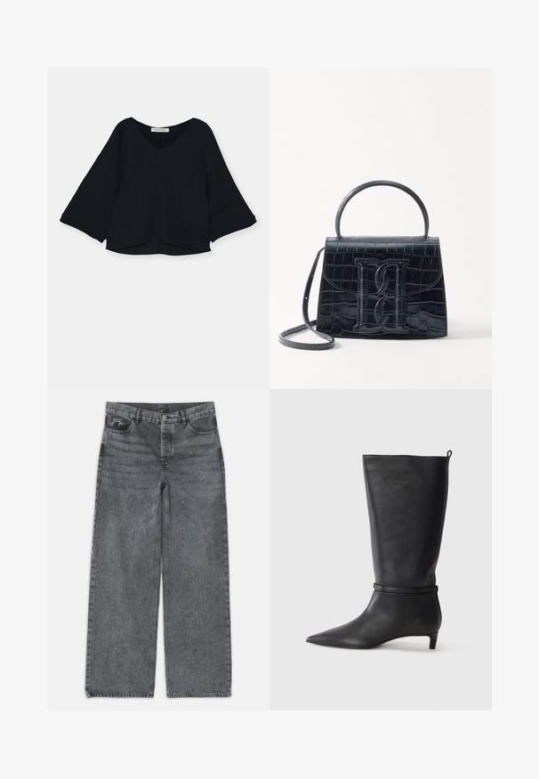 Black top with a V-neck, long bell sleeves, and a textured fabric. The hem is slightly curved, creating a loose silhouette.; Wide-leg jeans in dark gray denim. Features a high waist, five-pocket design, and front button closure. Smooth texture with subtle fading.; Black leather knee-high boot with a pointed toe, accented by a circular strap around the ankle and a low, tapered heel. Smooth texture.; Black crocodile-embossed leather handbag with a structured design, top handle, adjustable strap, and a prominent front logo detail.
