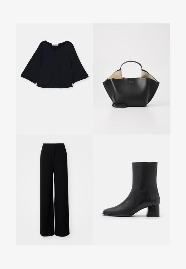 Haut noir avec un décolleté en V, des manches longues évasées et un tissu texturé. L'ourlet est légèrement incurvé, créant une silhouette décontractée.; Pantalons larges noirs à taille haute, en tissu lisse, avec fermeture à bouton à l'avant et sans poches visibles, offrant une coupe tailleur.; Bottine en cuir noir avec un bout pointu et un talon carré épais. Texture lisse avec un design sans coutures et descoutures minimalistes.; Ree Projects ANN TOTE MINI - Sac à main - black