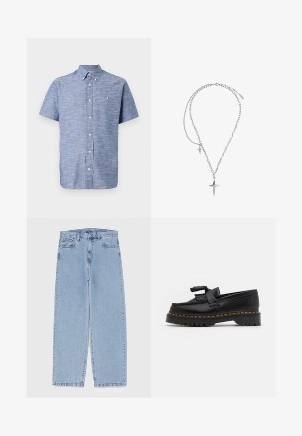 Košulja s kratkim rukavima u svijetloplanoj teksturiranoj tkanini. Ima ovratnik, prednji plet s gumbima i mali grb blizu prsa.; Svijetloplave traperice s ravnim nogavicama, sa srednjim strukom, pet džepova i zatvaranjem na dugme i patentni zatvarač.; Crna kožna loaferica s resicama, koja ima čvrst crni potplat i žute šavove duž ruba. Teksturirana završna obrada.; Heideman LUCA - Ogrlica - silberfarben poliert