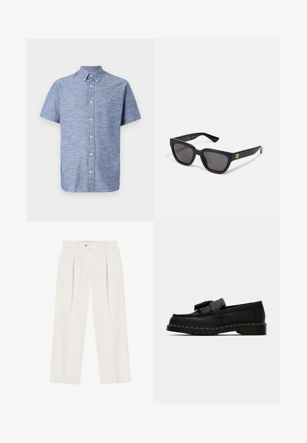 Saumaan hihallinen nappipaita kevyessä sinisessä tekstuurikankaassa. Varustettu kauluksella, edessä nappilista ja pieni symboli rinnan cerca.; Valkoiset, leveät housut, joissa on pleateja edessä, yksi napin sulku ja sivutaskut. Sileä tekstuuri ja muotoiltu malli.; Musta nahkakalvosin tupsuilla, keltainen tikkaus pohjan ympärillä ja paksu, uritettu kumipohja.; Musta suorakulmionmuotoinen aurinkolasit, joissa on kiiltävä viimeistely, tummat linssit ja kultainen yksityiskohta templellä, jossa on logo.