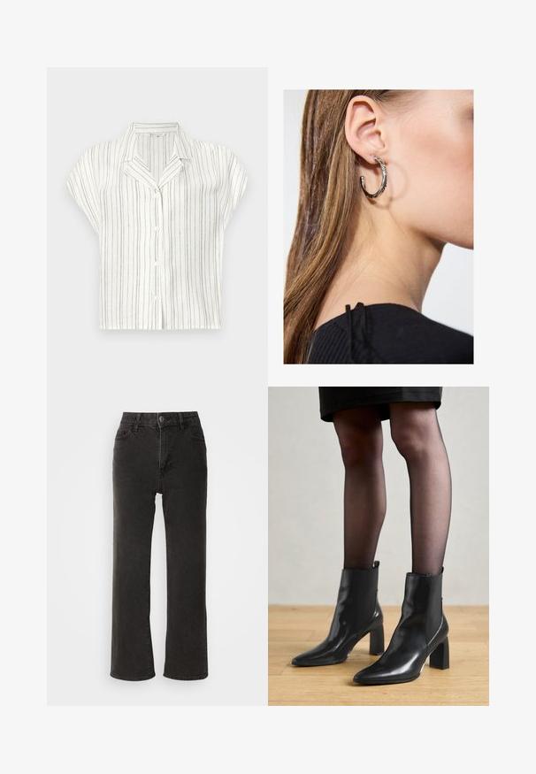 Camicia a maniche corte in tessuto leggero color crema con righe verticali marroni, dotata di chiusura a bottoni e colletto a punte.; Jeans neri a gamba larga in denim, caratterizzati da una chiusura frontale con bottone, passanti per cintura e cinque tasche, con una texture leggermente sbiadita.; Stivaletti neri in pelle con punta affusolata, tacco quadrato imponente e design elegante. Dotati di pannelli laterali elasticizzati per una facile vestibilità.; Orecchino a cerchio in argento con finitura lucida, caratterizzato da piccoli dettagli in oro e una forma tondeggiante, indossato sul lobo.