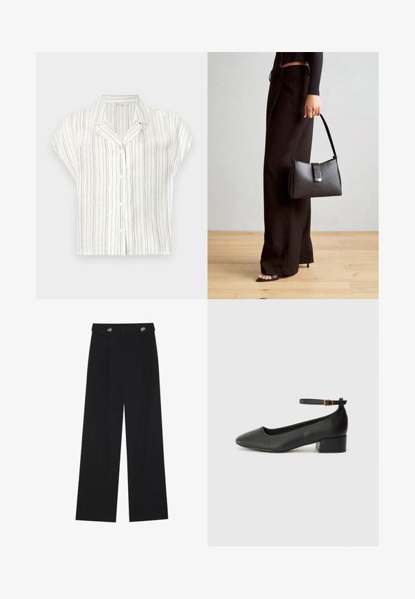 Short-sleeve shirt in lightweight, cream fabric with vertical brown stripes, featuring a button closure and a notched collar design.; Black wide-leg trousers with high waist, button details on waistband, and front pleats.; Black leather pump with a pointed toe and a low block heel. Features an ankle strap with a gold-tone buckle. Smooth texture.; Black handbag with structured shape, smooth texture, and a metallic clasp. Paired with wide black pants and open-toe sandals on wooden floor.