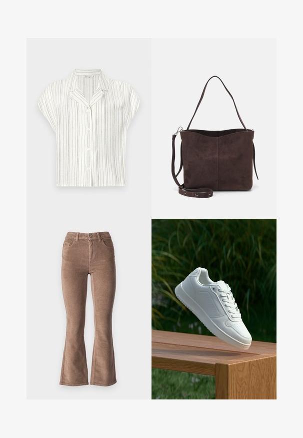 Short-sleeve shirt in lightweight, cream fabric with vertical brown stripes, featuring a button closure and a notched collar design.; Brown corduroy flared pants with a ribbed texture, featuring a high waist, five pockets, and a front button closure.; White sneaker with a smooth synthetic upper, perforated toe box, flat laces, and a textured sole, displayed on a wooden surface.; Brown suede tote bag with a soft texture, featuring a single shoulder strap and a subtle curved top opening. No visible hardware details.