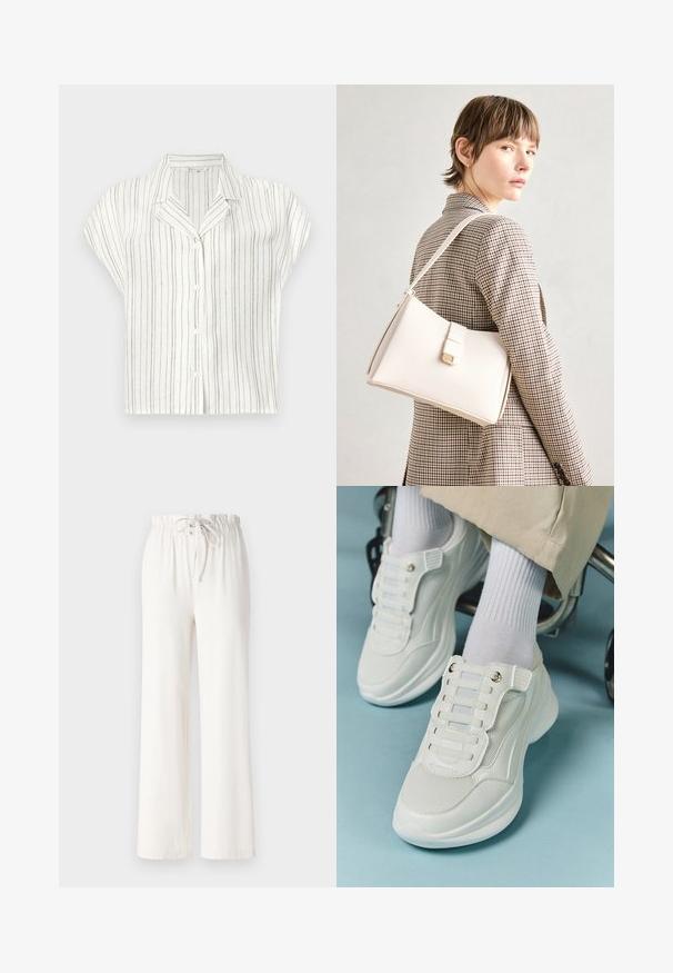 Trumpas rankovėmis marškiniai iš lengvo, kreminio audinio su vertikaliomis rudomis juostelėmis, su mygtukų užtrauktuku ir įpjovimu ant apykaklės.; Balti plačios kelnės, pagamintos iš minkštos medžiagos, su raišteliu liemens srityje ir glotnia tekstūra. Nėra matomų raštų ar puošmenų.; Baltos sportbačiai su tinklelio medžiaga, guminiais padais, be raištelių dizainu su elastinėmis juostelėmis ir auksinėmis detalėmis.; Balto odos rankinė su struktūrizuotu dizainu, turinti magnetinį užsegimą ir petnešą, demonstruojama prieš neutralią foną.