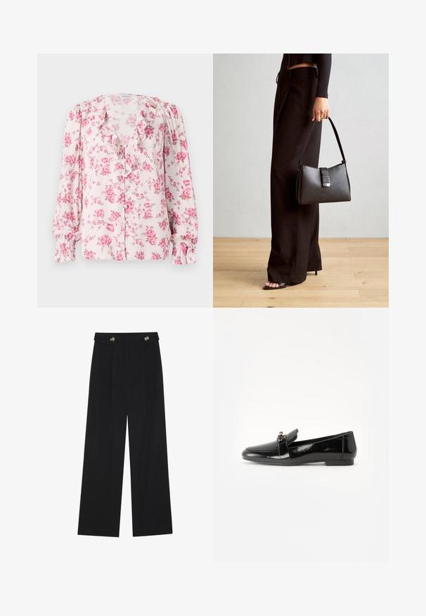 Bluză cu imprimeu floral în nuanțe de roz deschis, având decolteu volă și mâneci lungi puff, cu închidere prin nasturi. Materialul este ușor și fluid.; Pantaloni negri cu picioare largi, talie înaltă, detalii cu butoane pe talie și pliseuri în față.; Loafers din piele patent neagră cu talpă plată, vârf rotund și o bandă decorativă cu un accent în ton de aur. Finisaj neted, lucios.; Genți negre cu o formă structurată, textură netedă și un închizător metalic. Asortată cu pantaloni negri largi și sandale cu vârf deschis pe un podea din lemn.