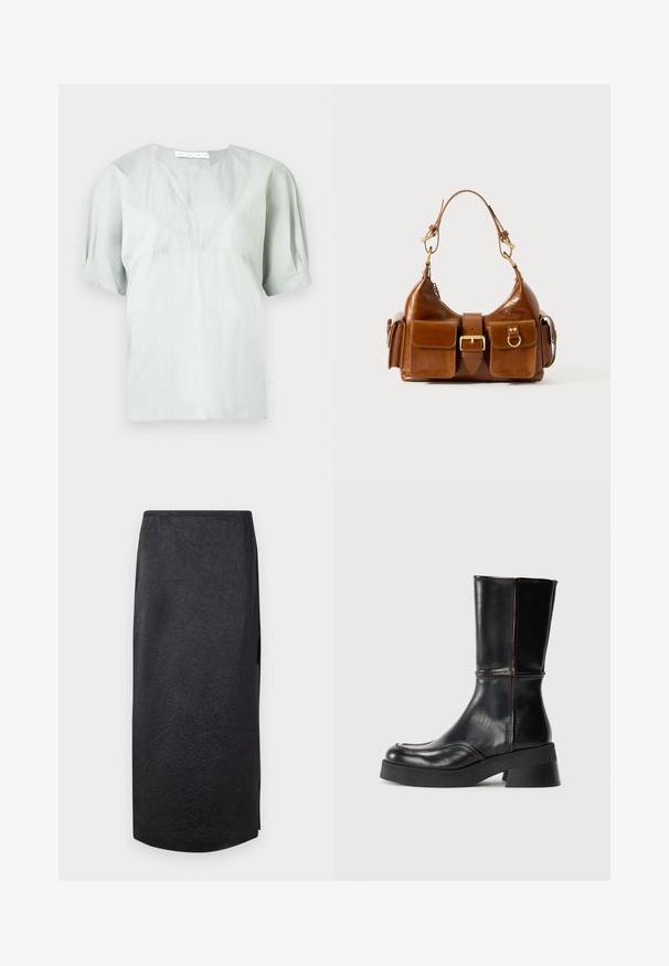 Világosszürke rövid ujjú felső kerek nyakkivágással és finom textúrával. Laza szabású, enyhén puffadt ujjakkal a kényelmes mozgásért.; Fekete midi szoknya gyűrött textúrával, egyenes szabással és oldalsó hasítékkal. Az anyag könnyűnek tűnik. A szoknya alja kissé kerekített.; Fekete bőr bokapucs blokksarkúval, kontrasztos varrással és ívelt orr kialakítással. Simább textúra, elegáns vonalvezetés.; Barna bőrtáska ívelt formával, dupla aranyszínű fémhardverrel, két elülső zsebbel és széles pánttal. Simán textúra elegáns kivitelben.