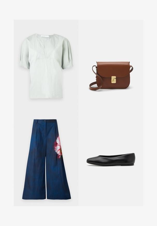 Hellgraues Kurzarmoberteil mit rundem Ausschnitt und feiner Struktur. Es hat eine lockere Passform und leicht aufgepuffte Ärmel für mehr Bewegungsfreiheit.; Weite Hosen aus dunkelblauem Stoff mit einem floralen Muster in Rosa und Gelb auf einer Seite und einem Knopfverschluss an der Taille.; Paul Smith TOPANGA - Klassischer Ballerina - black; Braune Ledertasche mit Klappenverschluss, Beschlägen in Goldfarbe, einem Schultergurt und einer glatten Oberfläche. Kompakte rechteckige Form.