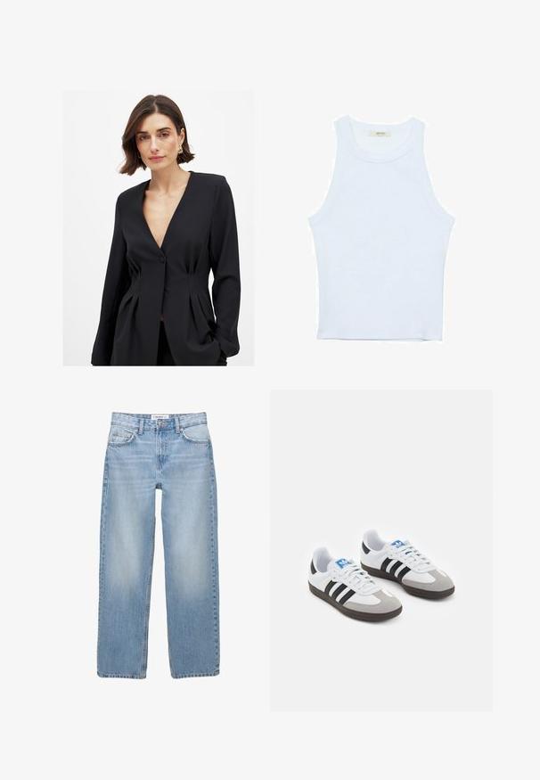 Musta räätälöity bleiseri, jossa on syvä V-mallinen kaula-aukko, yksittäinen nappisulku ja muotoillut laskokset vyötäröllä, valmistettu sileästä kankaasta.; Valkoinen hihaton toppi, ribbed rakenne, pyöreä pääntie, hihaton malli, tiukka muoto, hillitty brändäys kauluksella sisäpuolella.; Vaaleansiniset farkut, joissa on suora lahjemuoto, viisi taskua ja näkyvät ompeluyksityiskohdat. Kangas on pehmeää ja hieman haalistunutta.; Urheilukengät, joissa on valkoinen nahkainen päällinen, harmaa mokkanokka ja kolme mustaa raitaa. Ominaisuuksina sininen logo kielekkeessä ja kuvioitu kumipohja.