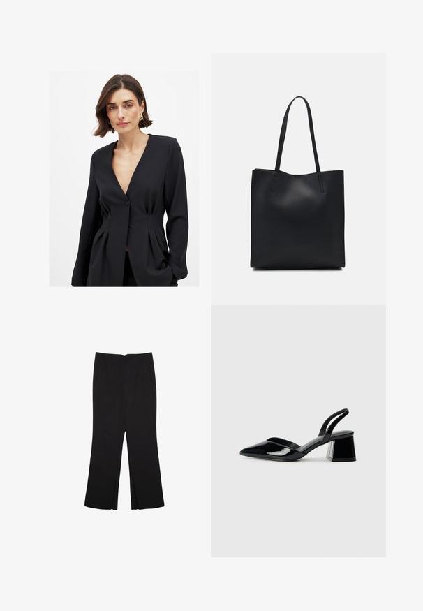 Schwarzer taillierter Blazer mit tiefem V-Ausschnitt, Ein-Knopf-Verschluss und strukturierten Falten an der Taille, gefertigt aus glattem Stoff.; Schwarze Hose mit geradem Schnitt, ausgestattet mit Fronttaschen und Seitenschlitzen am Saum. Hergestellt aus weichem, glattem Stoff. Geeignet für verschiedene Anlässe.; Schwarze Lackleder-Slingback-High Heels mit spitzem Schuh und einem geometrischen Blockabsatz. Verfügt über ein schlankes, minimalistisches Design und eine glatte Textur.; Schwarze Laptoptasche aus Leder mit glatter Textur, rechteckiger Form und zwei langen Griffen. Keine sichtbaren Beschläge oder Verzierungen.