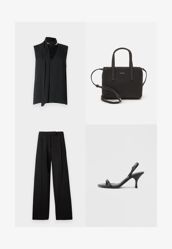 Sort ærmeløs top med en draperet halsudskæring og tørklæde detaljer, med en glat tekstur og subtil plissering ned foran.; Sorte bukser med bred benvidde og en glat tekstur, som har en flad front og skræddersyet talje. Enkel design uden synlige metaldele eller mønstre.; Sorte læder højhælede sandaler med en slank, buet hæl og et krydset stropdesign. Justerbar ankelrem. Glat tekstur.; Sort håndtaske med to korte håndtag og en aftagelig skulderrem. Glat læderagtigt materiale med lynlåslukning og logo detaljer.