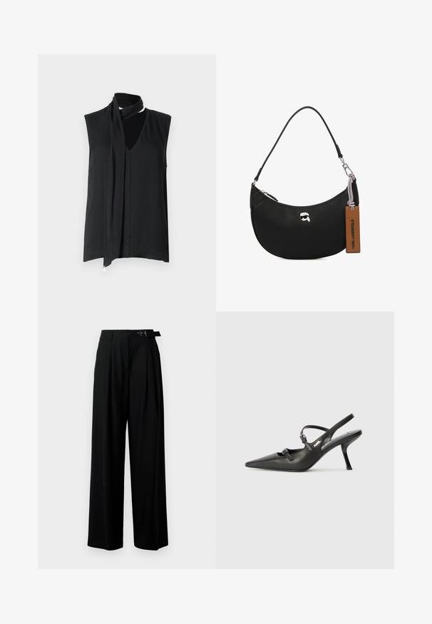 Čierny top bez rukávov s drapovaným výstrihom a detailom šatky, s hladkou textúrou a jemným plisovaním po prednej strane.; Čierne široké nohavice s vysokým pásom, skladmi vpredu a opaskom s prackou. Vyrobené z hladkej, ľahkej textílie.; Čierne kožené slingback topánky na vysokom podpätku s ostrou špicou, štíhlym podpätkom a dekoratívnym detailom s prackou na priehlavku. Hladká textúra a elegantný dizajn.; Čierna kožená kabelka s textúrou jemných bradavíc, zakriveným tvarom, horným zipsom, striebornými kovaniami a hnedou visačkou. Má akcent v podobe loga.