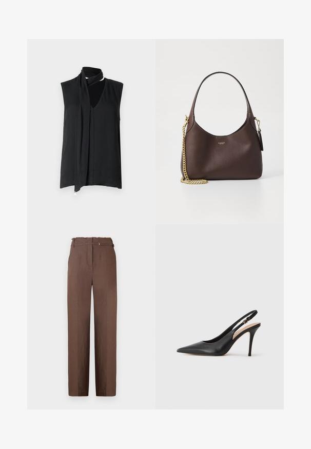 Musta ilma varrukatega topp, millel on lumised kaelus ja sallidetail, sujuva tekstuuri ning peente volditud detailidega ees.; Pruunid kõrge vöökohtadega püksid, millel on kulunud vöökoht, sirge lõige ja peen sära. Omavad vöörihmade silmuseid ning teravat, esitletud välimust.; Mustaga nahast slingback kõrge kontsaga jalanõud terava toe ja sileda tekstuuriga, delikaatse rihmaga, mis on varustatud metallist säärekohaga.; COACH BROOKLYN SHOULDER BAG 23 - Käekott - maple