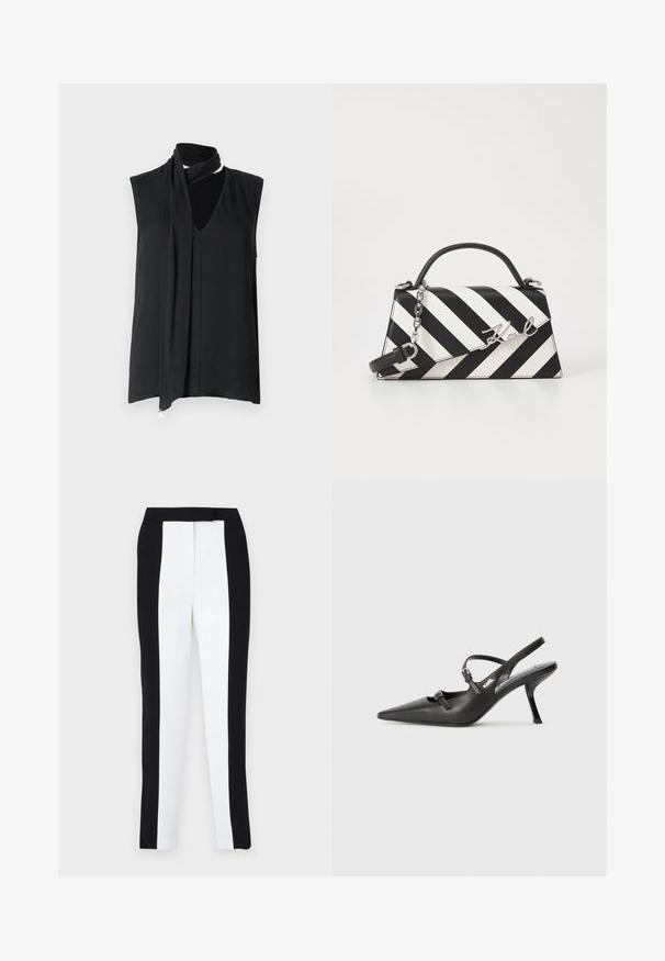 Top negro sin mangas con un escote drapeado y detalle de bufanda, que presenta una textura suave y sutiles pliegues en la parte delantera.; Pantalones ajustados de corte tapered en blanco y negro, con un ajuste slim y paneles en contraste. La tela tiene una textura suave; la cinturilla es plana y ajustada.; Tacones slingback de cuero negro con punta afilada, tacón delgado y detalle decorativo de hebilla en la parte superior. Textura suave y diseño elegante.; Bolso de mano a rayas en blanco y negro con una forma estructurada, que cuenta con un asa superior, una correa de cadena desmontable y un acento de logo metálico.