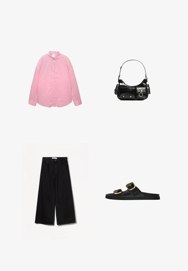 Svijetlopinkasta košulja na dugme s vertikalnim bijelim prugama, s oštrim ovratnikom i dugim rukavima koji imaju prevrnute manšete, izrađena od glatkog materijala.; Bershka WIDE-LEG - Široke nogavice - black; Crne sandale na klizanje s dva zlatna akcenta u obliku kopči, glatkog teksturiranog materijala, ravnim potplatom i minimalističkim dizajnom.; Crna patentna kožna torba s zakrivljenim oblikom, jednim remenom za rame, prednjim džepovima i akcentima od srebrnog tona.