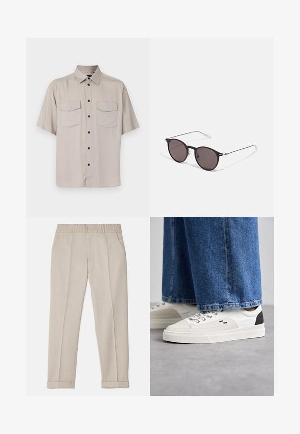 Cămașă cu mânecă scurtă, de culoare bej deschis, cu guler, două buzunare cu clapă și butoane negre pe partea din față. Țesătură netedă, fără textură.; Filippa K TERRY CROPPED TROUSERS - Pantaloni - sage melange; Adidași albi și negri, cu un superior din piele netedă, accente texturate și o talpă albă groasă. Prezintă un design clasic cu șireturi.; Ochelari de soare negri rotunzi cu lentile întunecate și brațe metalice subțiri. Include vârfuri transparente pentru brate și accente argintii la balama. Design minimalist.