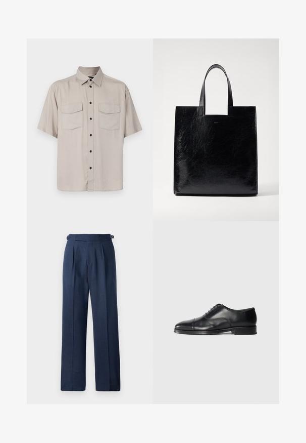 Kortærmet, lys beige knap-up skjorte med krave, to klaplommer og sorte knapper foran. Glat, ikke-struktureret stof.; Marineblå skræddersyede bukser lavet af struktureret stof, med høj talje, læg og justerbare sidelukninger for pasform.; Sort læderherresko med rund tå, glat overflade, snørebåndsdesign og en diskret stikning, der har en lav, flad hæl.; Bally EASY TOTE - Shopping bags - black