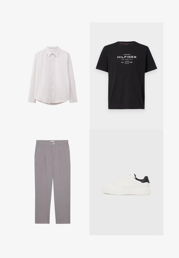 Camicia bianca a maniche lunghe con colletto classico, chiusura frontale con bottoni, vestibilità rilassata e orlo curvo; realizzata in tessuto leggero e morbido.; T-shirt in cotone nero con un logo bianco che recita "TOMMY HILFIGER NEW YORK CITY Est. 1985," maniche corte e scollatura a giro.; Pantaloni grigi su misura con taglio dritto, dotati di due tasche frontali, pieghe e chiusura a bottone. Realizzati in tessuto leggero.; Sneaker in pelle bianca con motivo stampato, suola intermedia bianca testurizzata e accentuazione nera sul tallone. Presenta punta arrotondata e lacci piatti.
